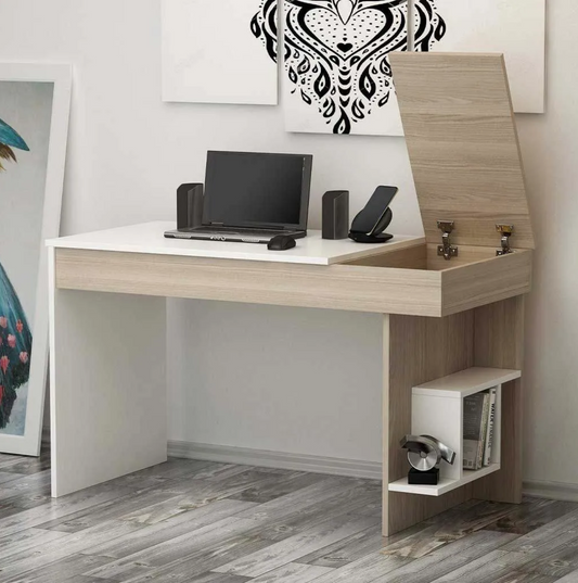 Modern Study Desk with Hidden Storage and Side Shelves